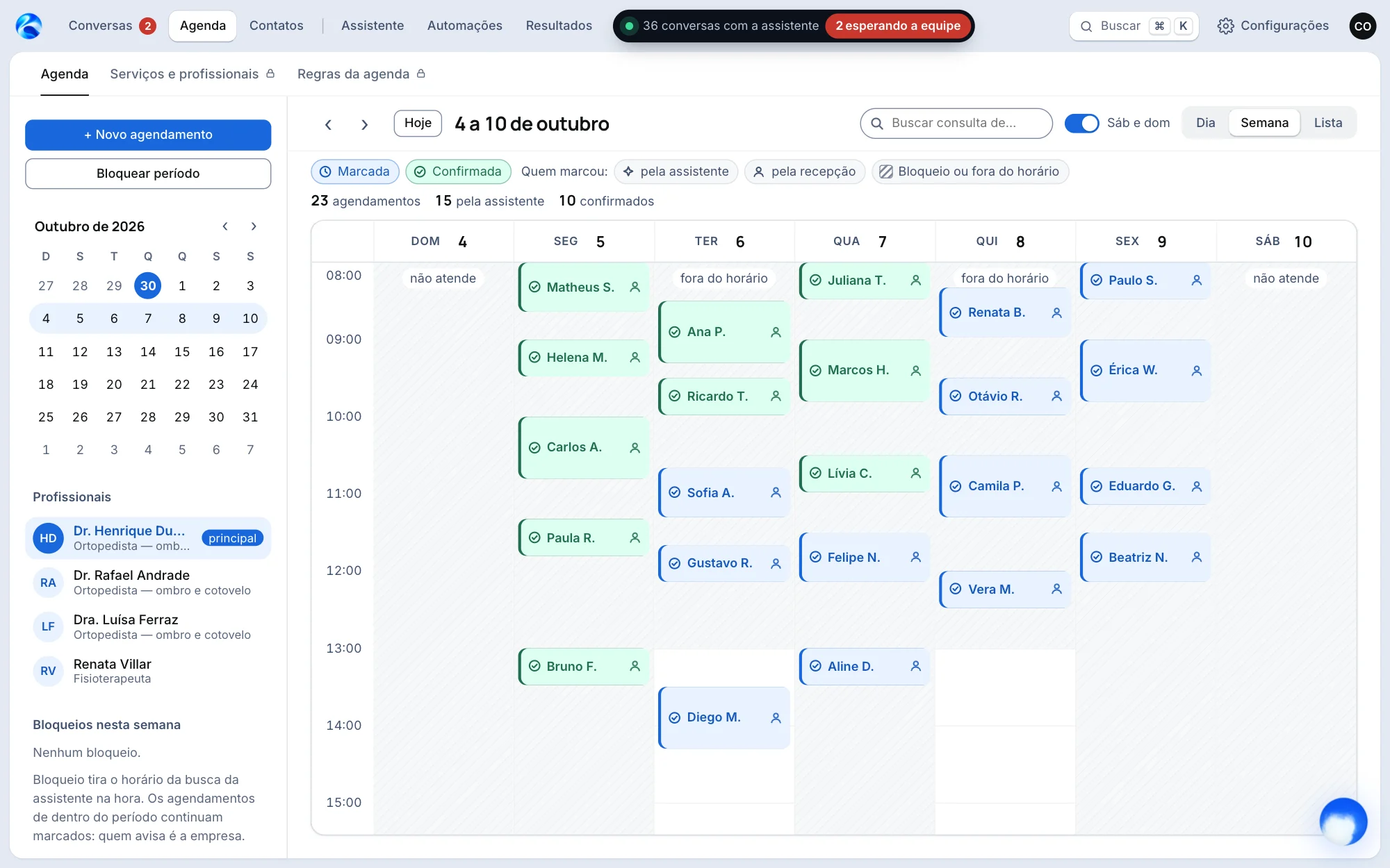 Tela de Agenda do painel do aptimus: semana com as consultas de um profissional, coloridas pela situação.